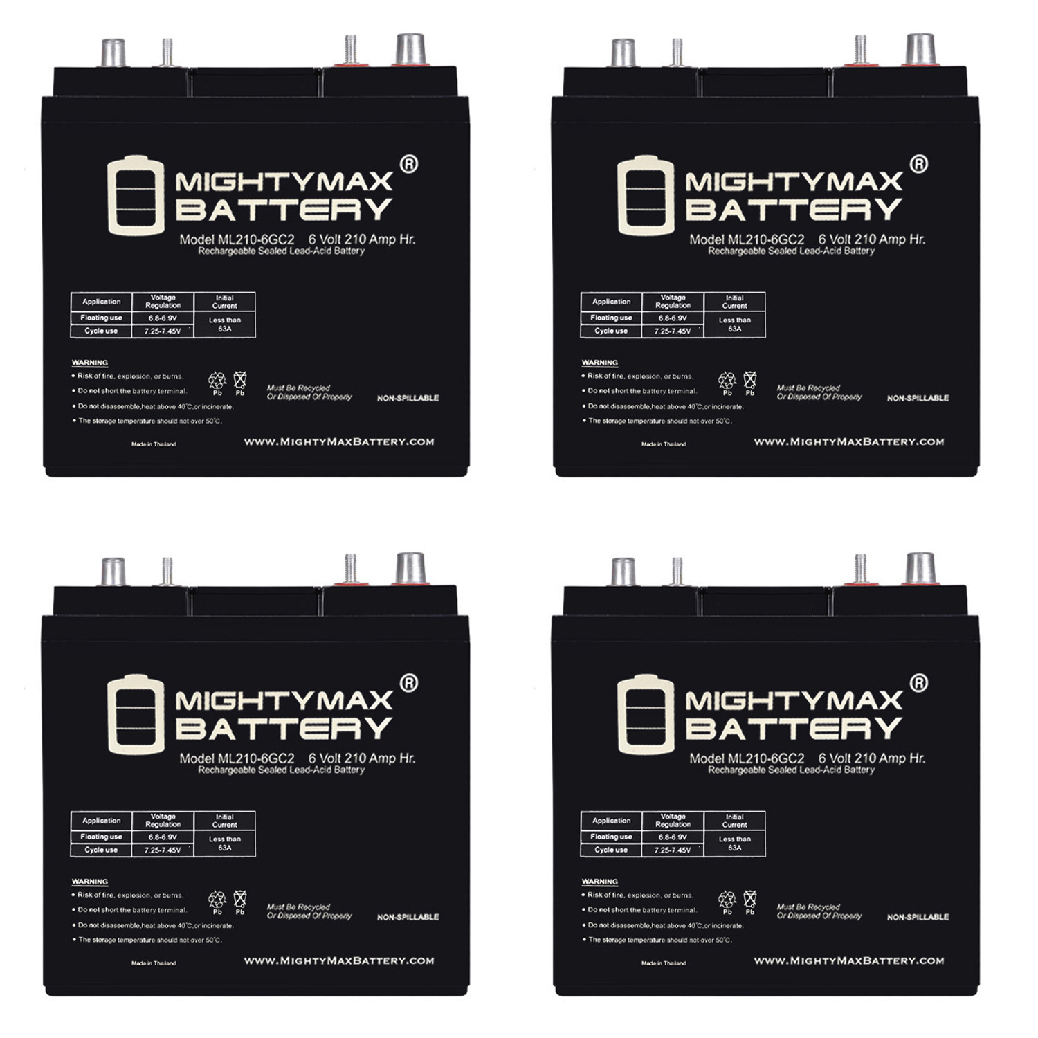 ML210-6GC2 - 6 Volt 210 AH, Dual Terminal, Rechargeable SLA AGM Battery For Golf Cart - Pack of 4