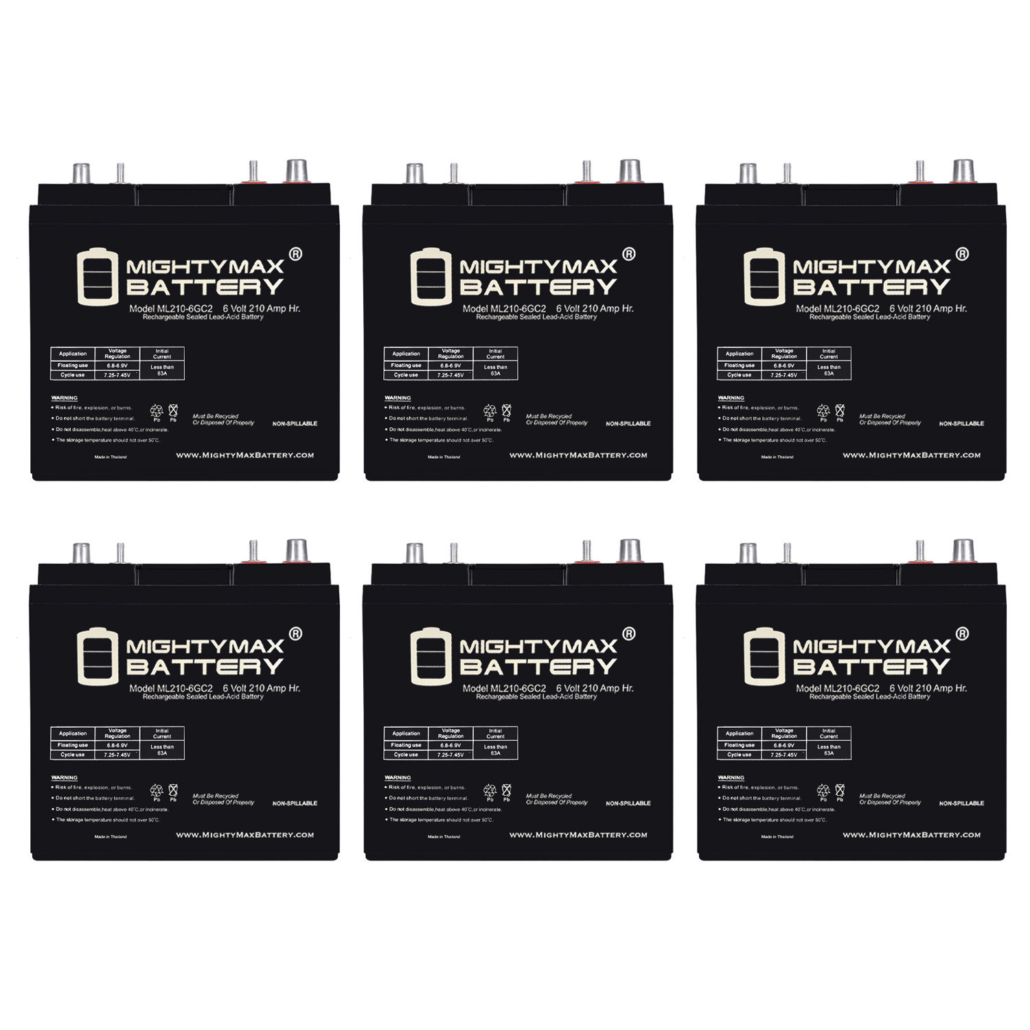 ML210-6GC2 - 6 Volt 210 AH, Dual Terminal, Rechargeable SLA AGM Battery For Golf Cart - Pack of 6