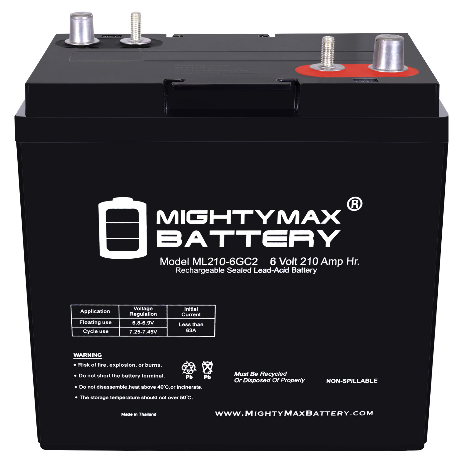 ML210-6GC2 - 6 Volt 210 AH, Dual Terminal, Rechargeable SLA AGM Battery For Golf Cart - Pack of 6