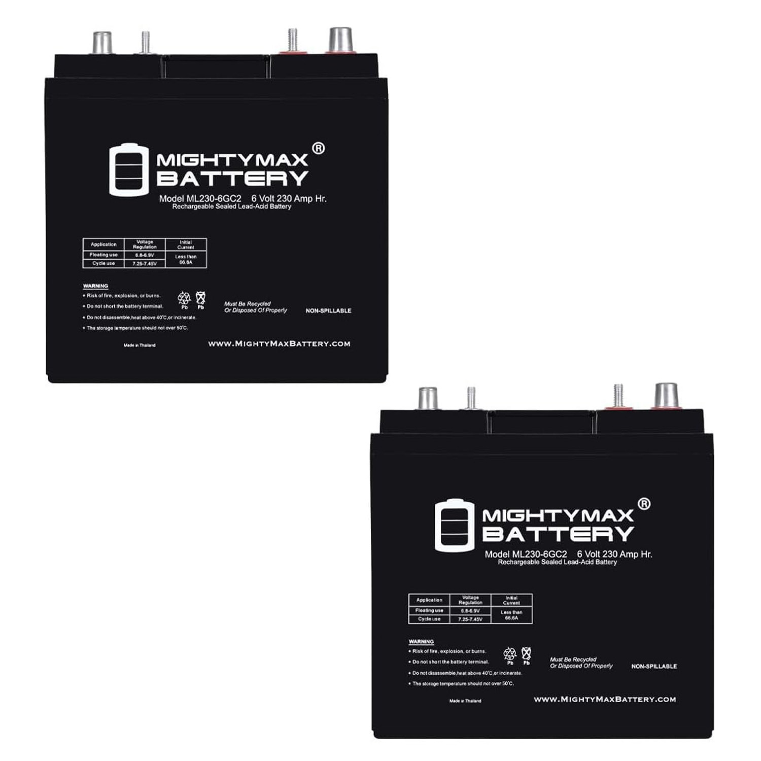 ML230-6GC2 - 6 Volt 230 AH, Dual Terminal, Rechargeable SLA AGM Battery For Golf Cart - Pack of 2