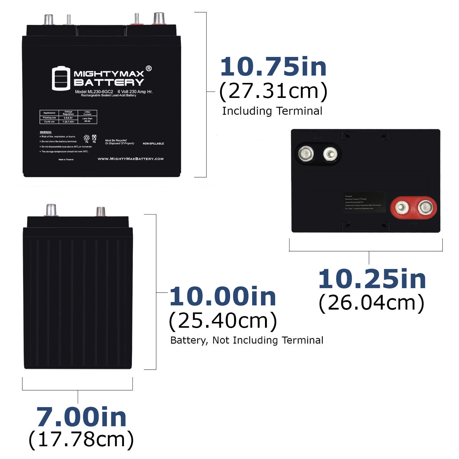 ML230-6GC2 - 6 Volt 230 AH, Dual Terminal, Rechargeable SLA AGM Battery For Golf Cart - Pack of 2