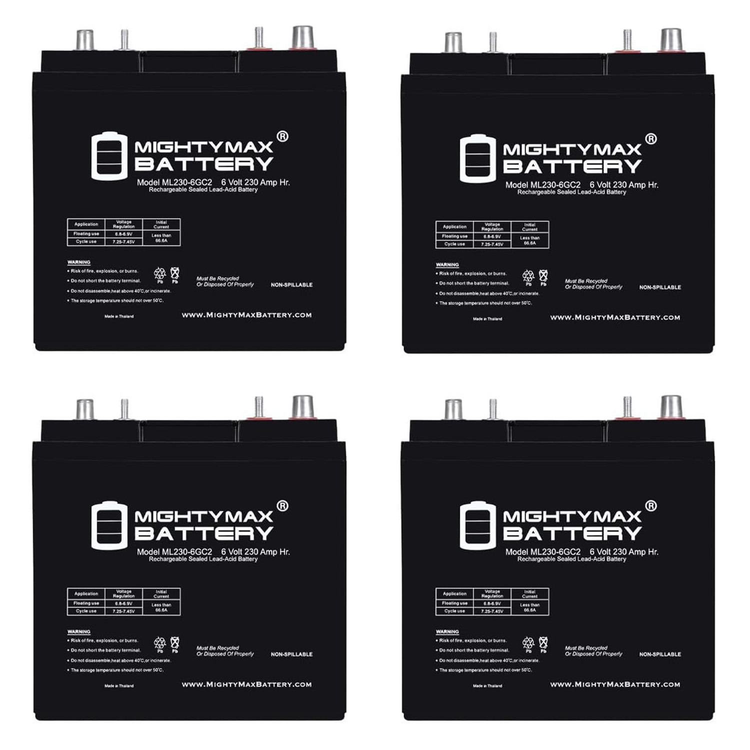 ML230-6GC2 - 6 Volt 230 AH, Dual Terminal, Rechargeable SLA AGM Battery For Golf Cart - Pack of 4
