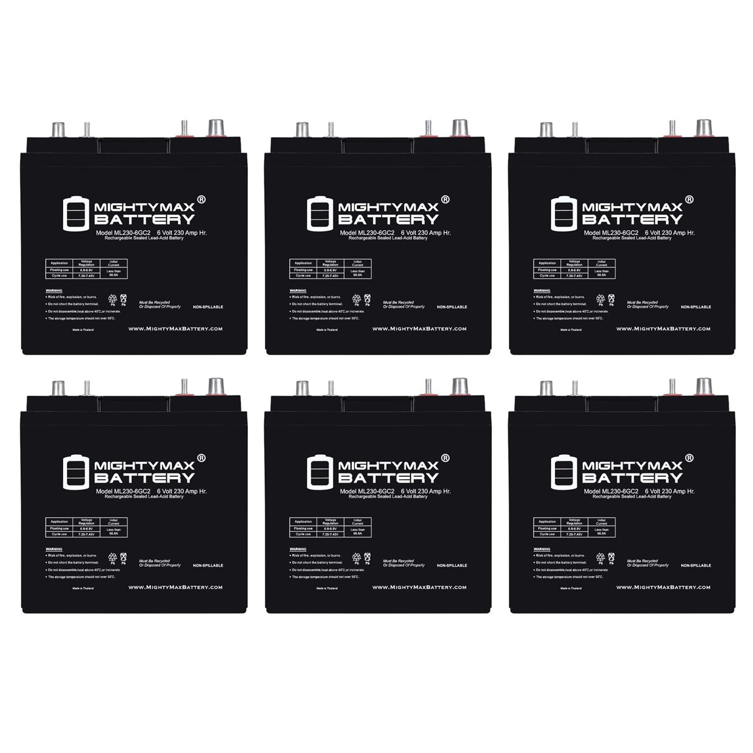 ML230-6GC2 - 6 Volt 230 AH, Dual Terminal, Rechargeable SLA AGM Battery For Golf Cart - Pack of 6