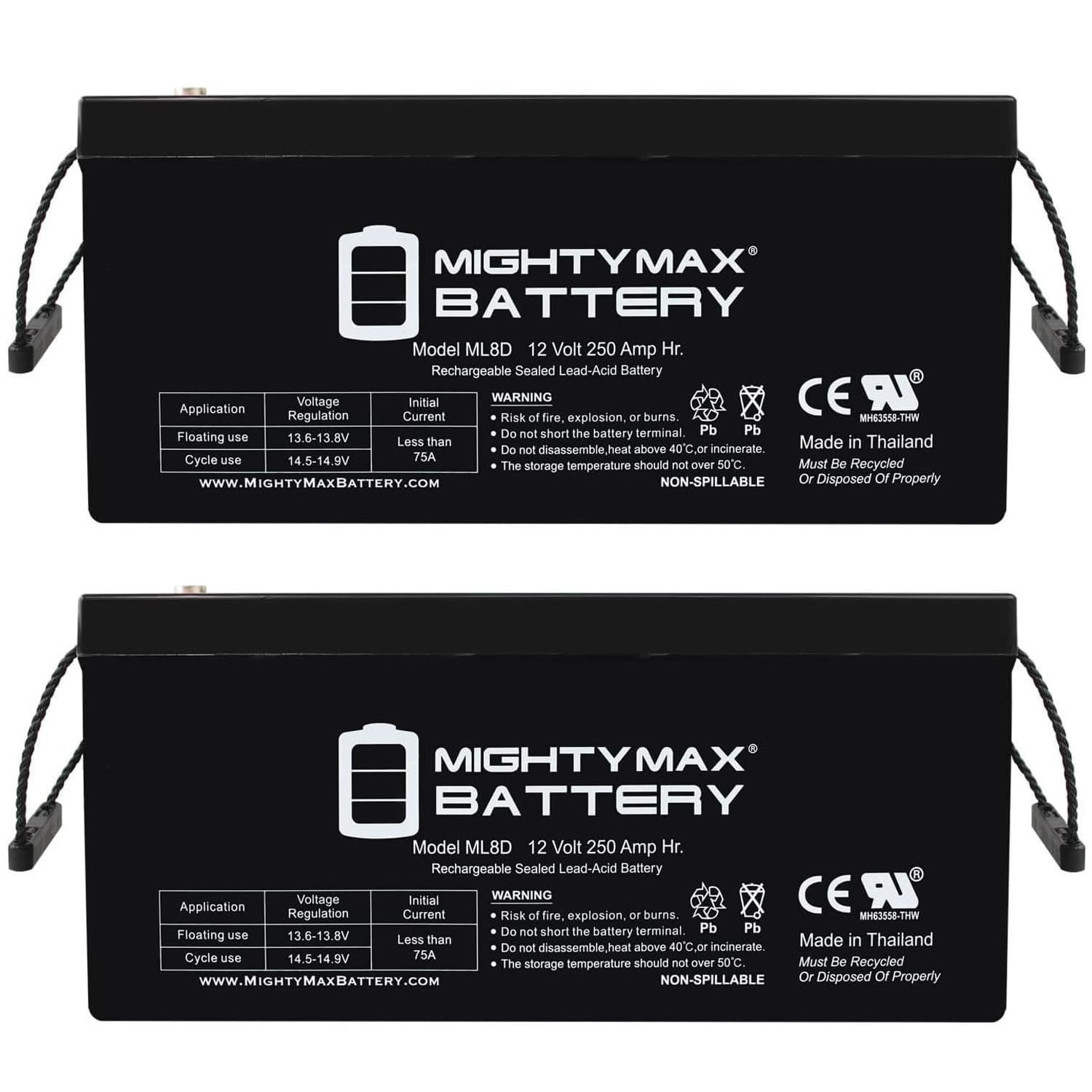 ML8D -12 Volt 250 AH, Internal Thread (INT) Terminal, Rechargeable SLA AGM Battery - 2 Pack