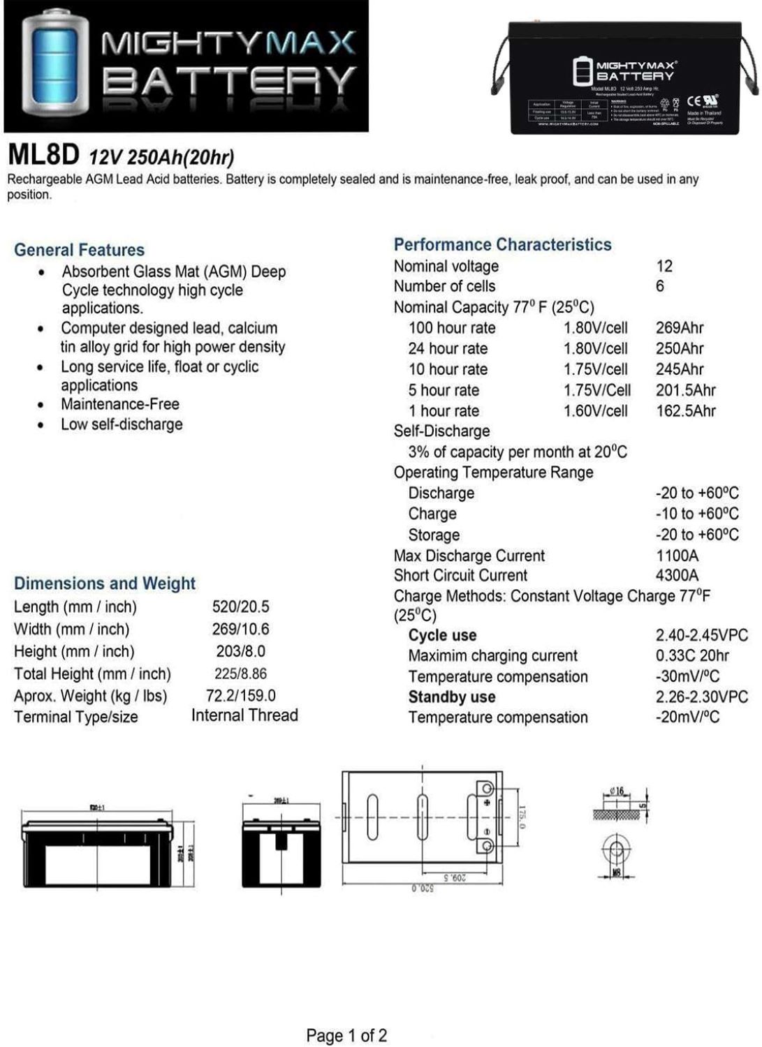 ML8D -12 Volt 250 AH, Internal Thread (INT) Terminal, Rechargeable SLA AGM Battery - 2 Pack