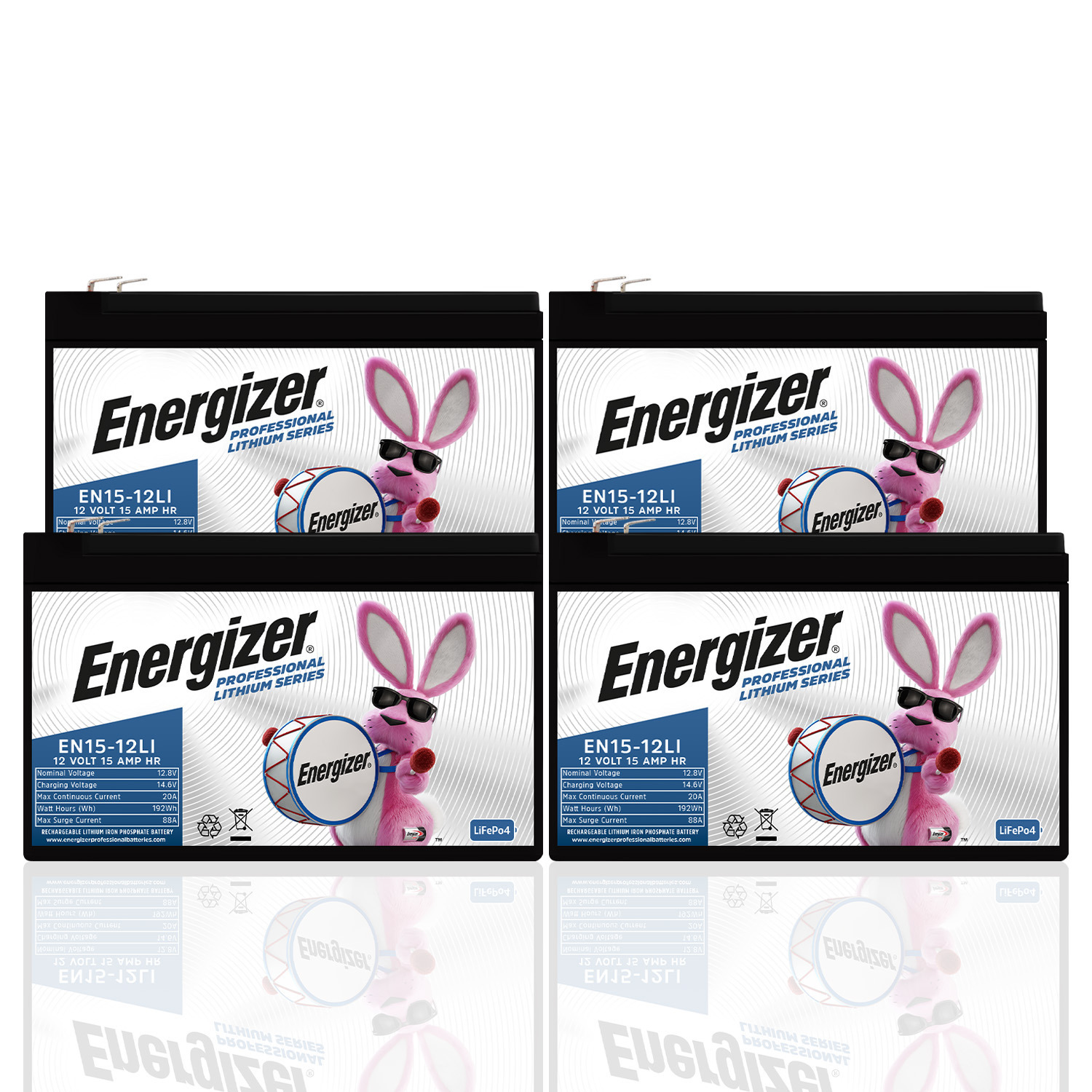 EN15-12LI MP4: Energizer EN15-12LI 4-PACK 12V 15Ah LiFePO4 Lithium Rechargeable Battery with BMS Protection, Lightweight Long-Lasting Power for Backup Power, Ride-On Toys, Wheelchairs, & more