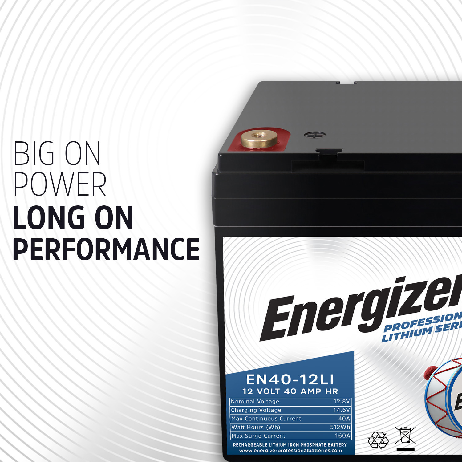 EN40-12LI MP2:  Energizer EN40-12LI 2-PACK 12V 40Ah LiFePO4 Lithium Rechargeable Battery with BMS Protection, Lightweight Long-Lasting Power for Wheelchairs, Back-up Power, and more