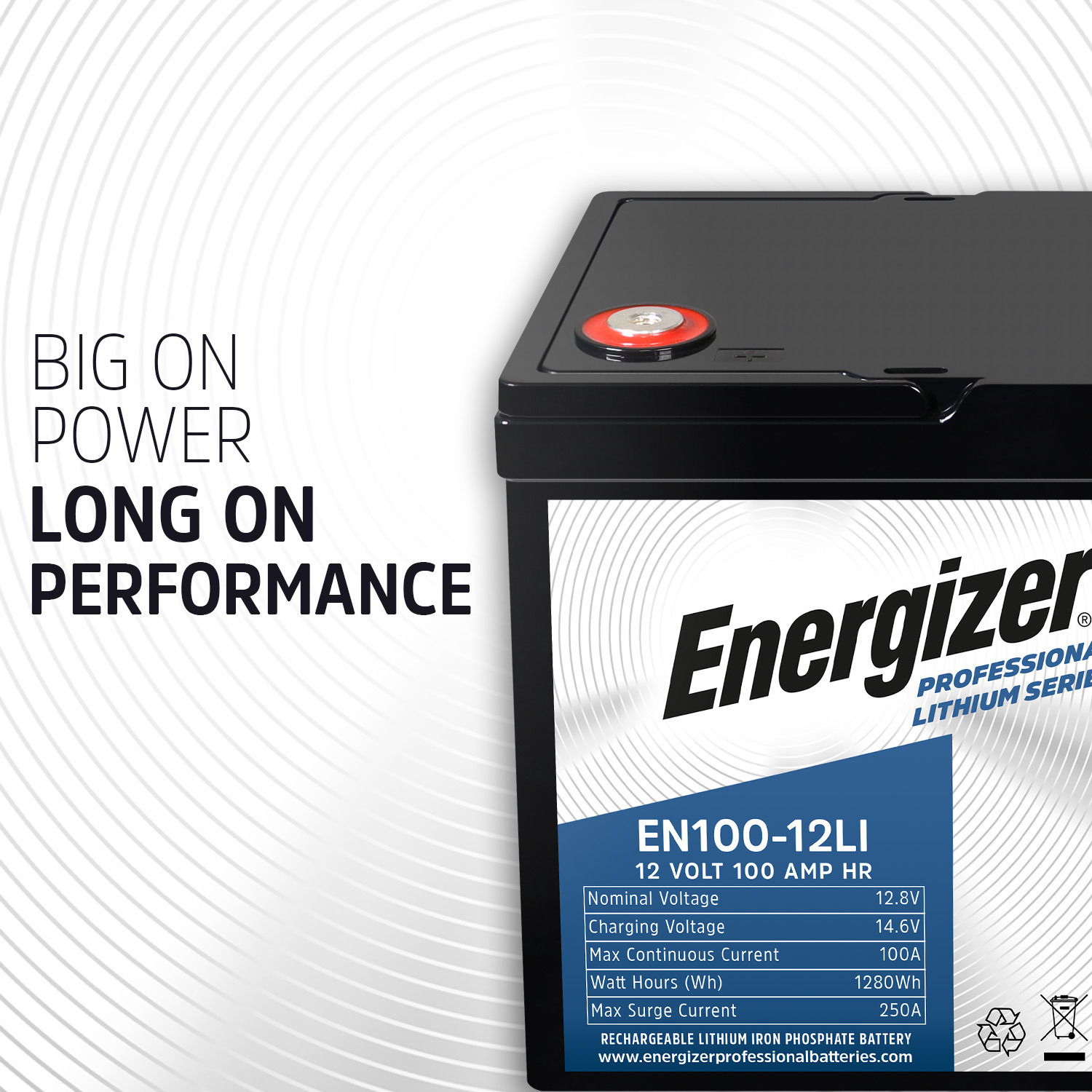 EN100-12LI MP2: Energizer EN100-12LI 2-PACK 12V 100Ah LiFePO4 Lithium Rechargeable Battery with BMS Protection, Lightweight Long-Lasting Power For Wheelchairs, Sump Pumps, Solar, and more
