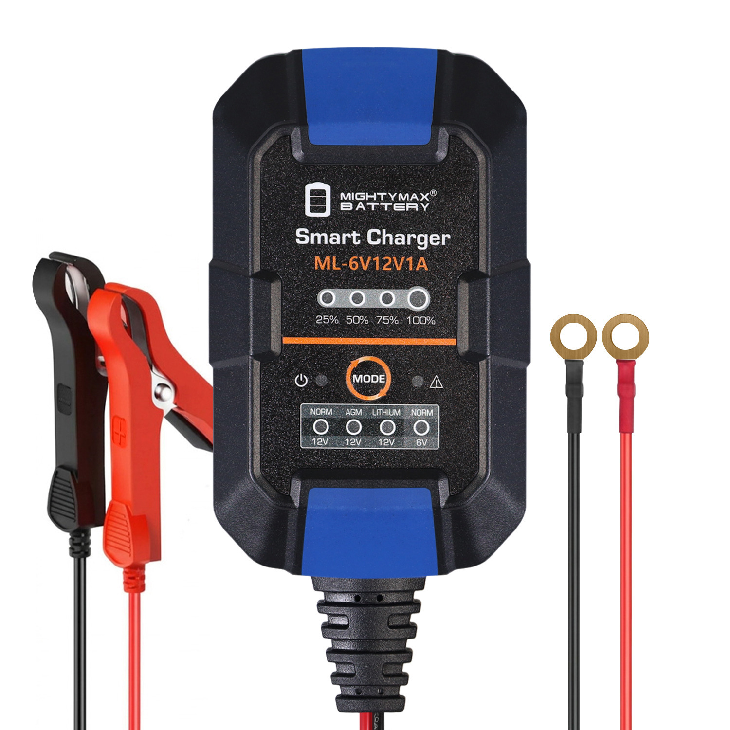 6V/12V 1A Smart Battery Charger & Maintainer compatible with LiFePO4, SLA, GEL, AGM, WET and Deep Cycle Batteries with LCD Display