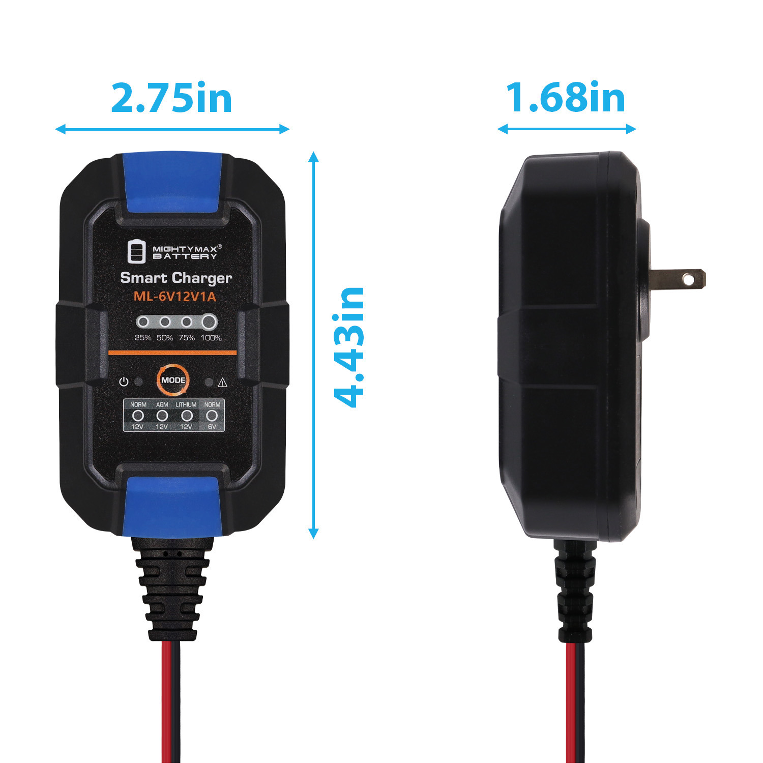 6V/12V 1A Smart Battery Charger & Maintainer compatible with LiFePO4, SLA, GEL, AGM, WET and Deep Cycle Batteries with LCD Display