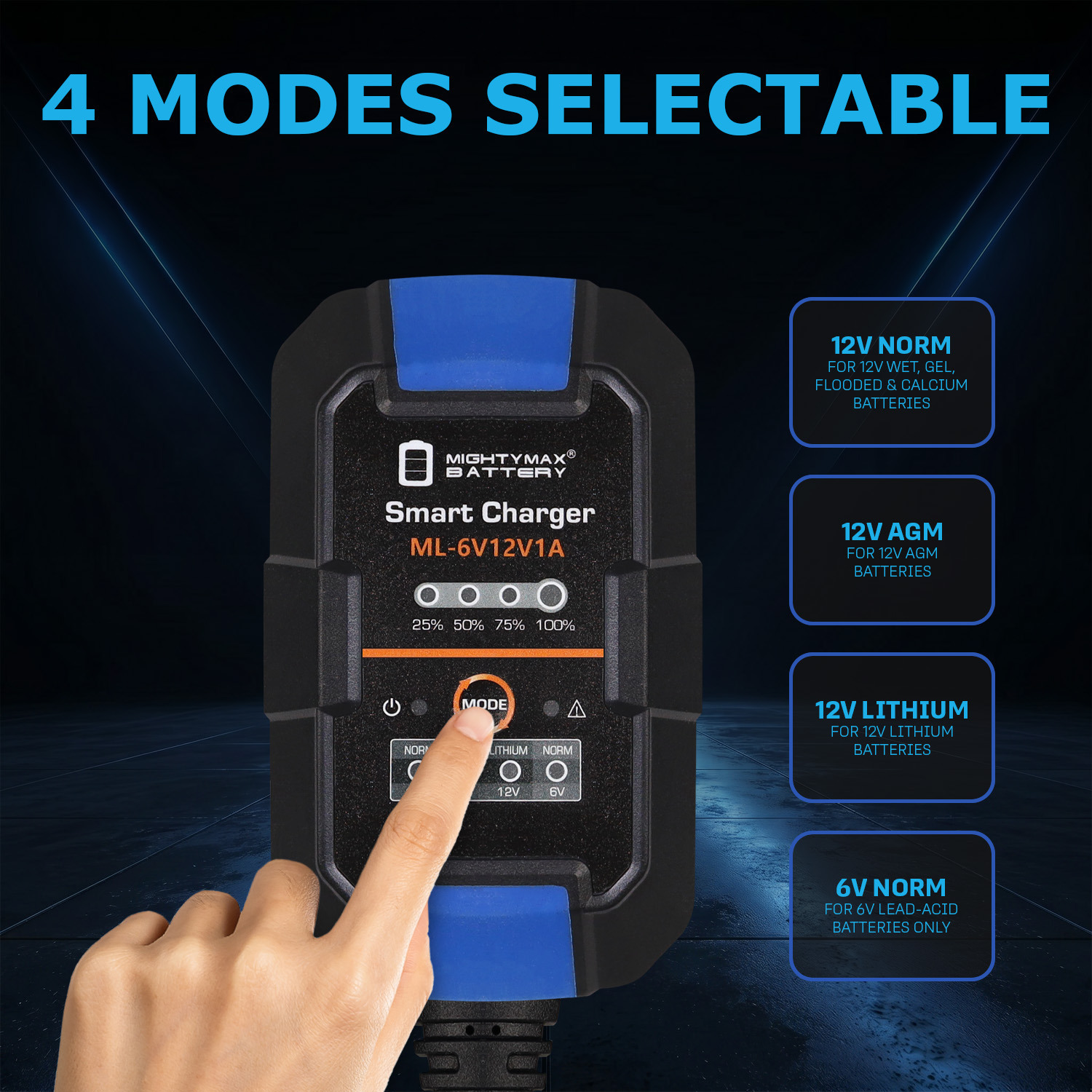 6V/12V 1A Smart Battery Charger & Maintainer compatible with LiFePO4, SLA, GEL, AGM, WET and Deep Cycle Batteries with LCD Display