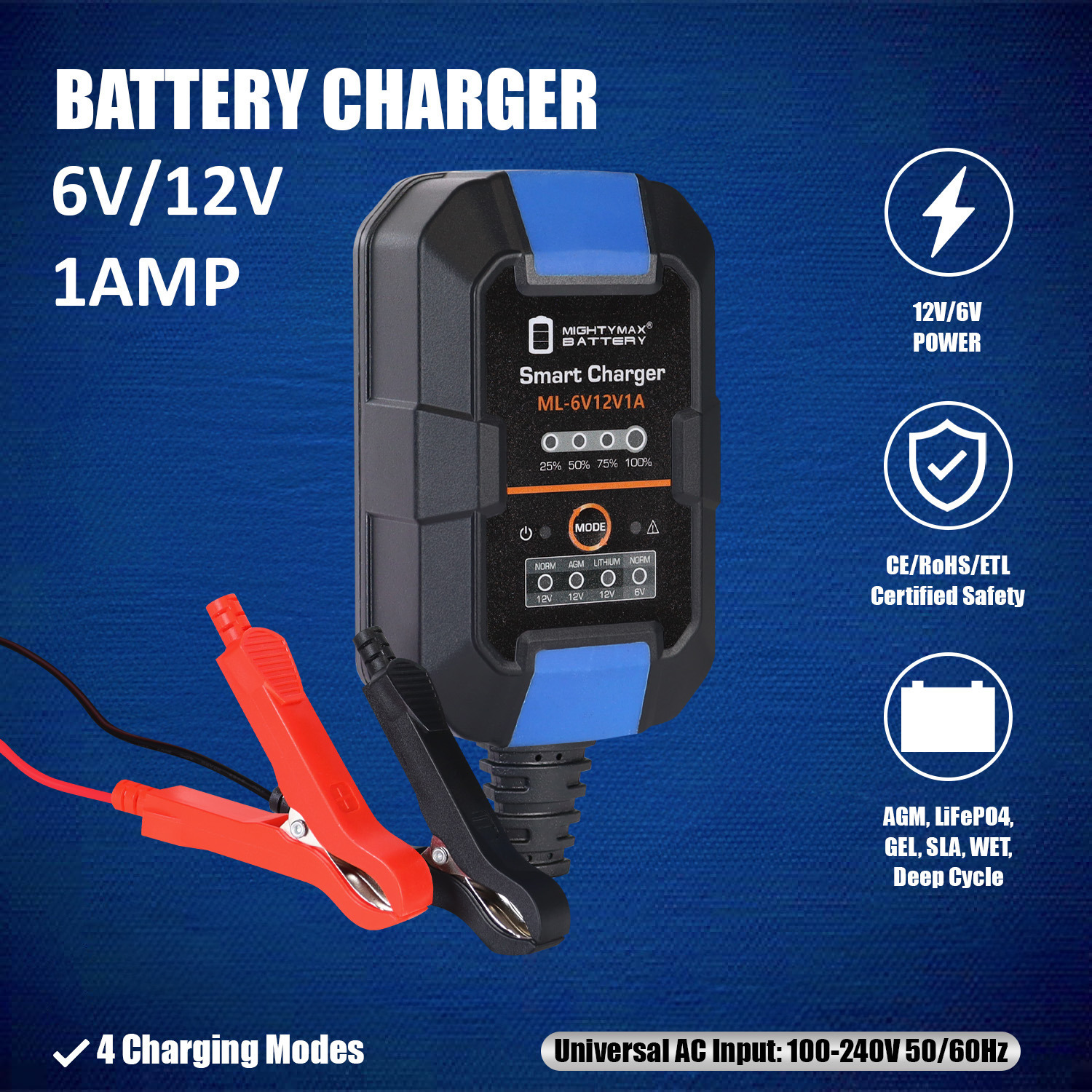 6V/12V 1A Smart Battery Charger & Maintainer compatible with LiFePO4, SLA, GEL, AGM, WET and Deep Cycle Batteries with LCD Display