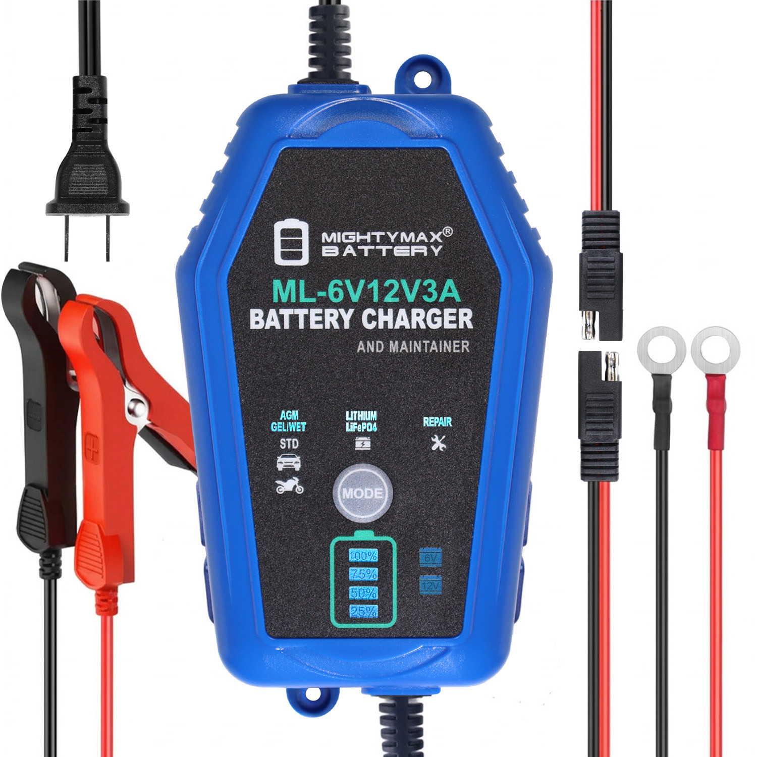 6V/12V 3A Smart Battery Charger & Maintainer compatible with LiFePO4, SLA, GEL, AGM, WET, Calcium and Deep Cycle Batteries with LCD Display