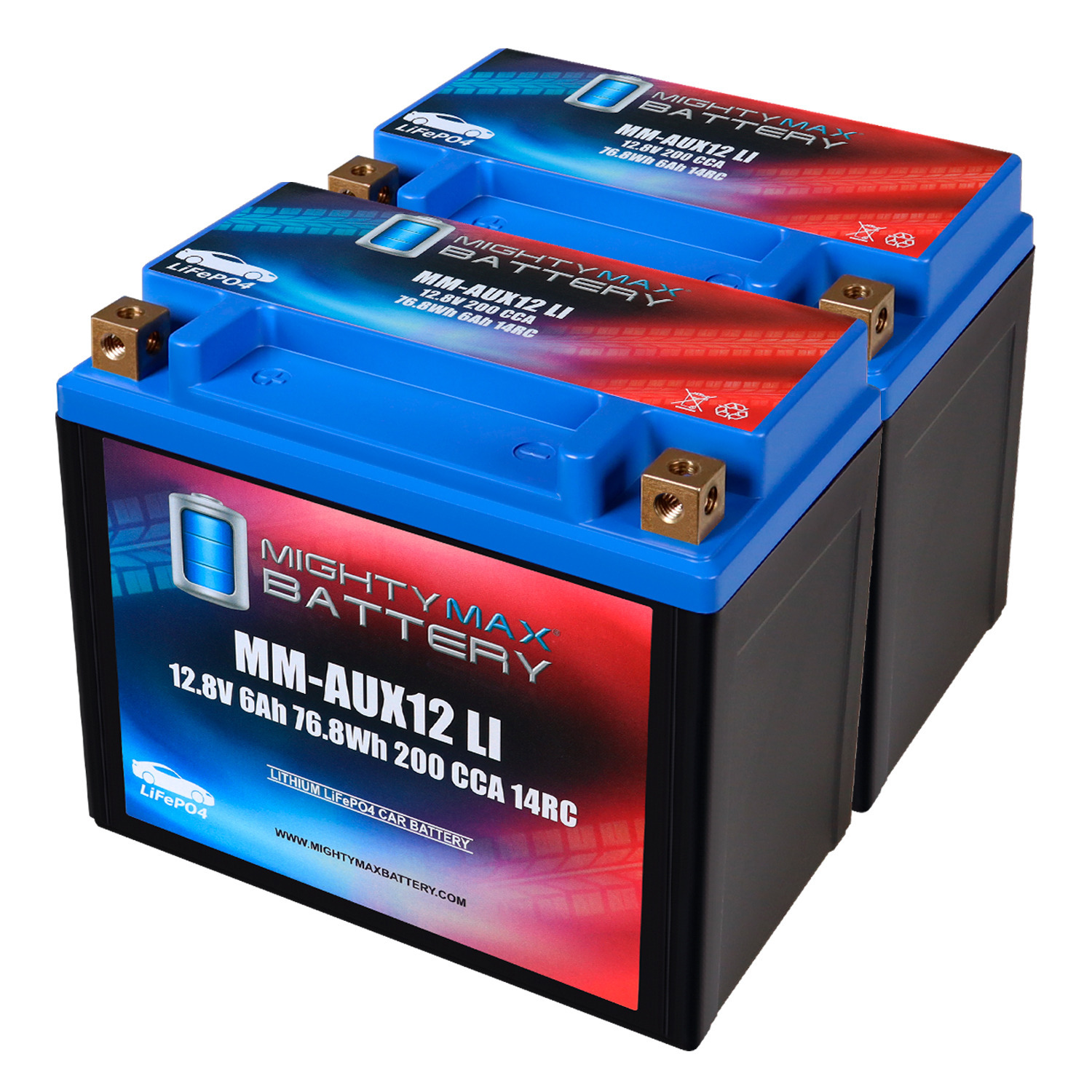 MM-AUX12LI Auxiliary Car Lithium Battery LiFePO4 12.8V 6Ah 200 CCA 14RC Lightweight, Rechargeable, Built-in BMS Protection, Long Cycle Life - Pack of 2