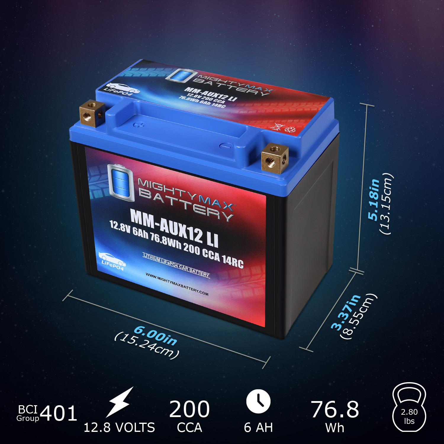 MM-AUX12LI Auxiliary Car Lithium Battery LiFePO4 12.8V 6Ah 200 CCA 14RC Lightweight, Rechargeable, Built-in BMS Protection, Long Cycle Life - Pack of 2