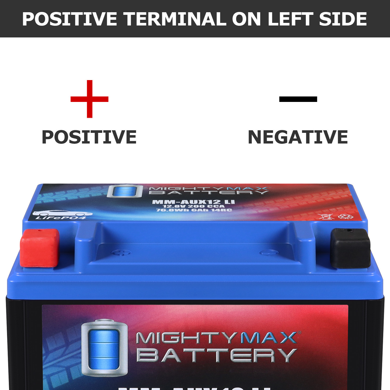 MM-AUX12LI Auxiliary Car Lithium Battery LiFePO4 12.8V 6Ah 200 CCA 14RC Lightweight, Rechargeable, Built-in BMS Protection, Long Cycle Life - Pack of 2