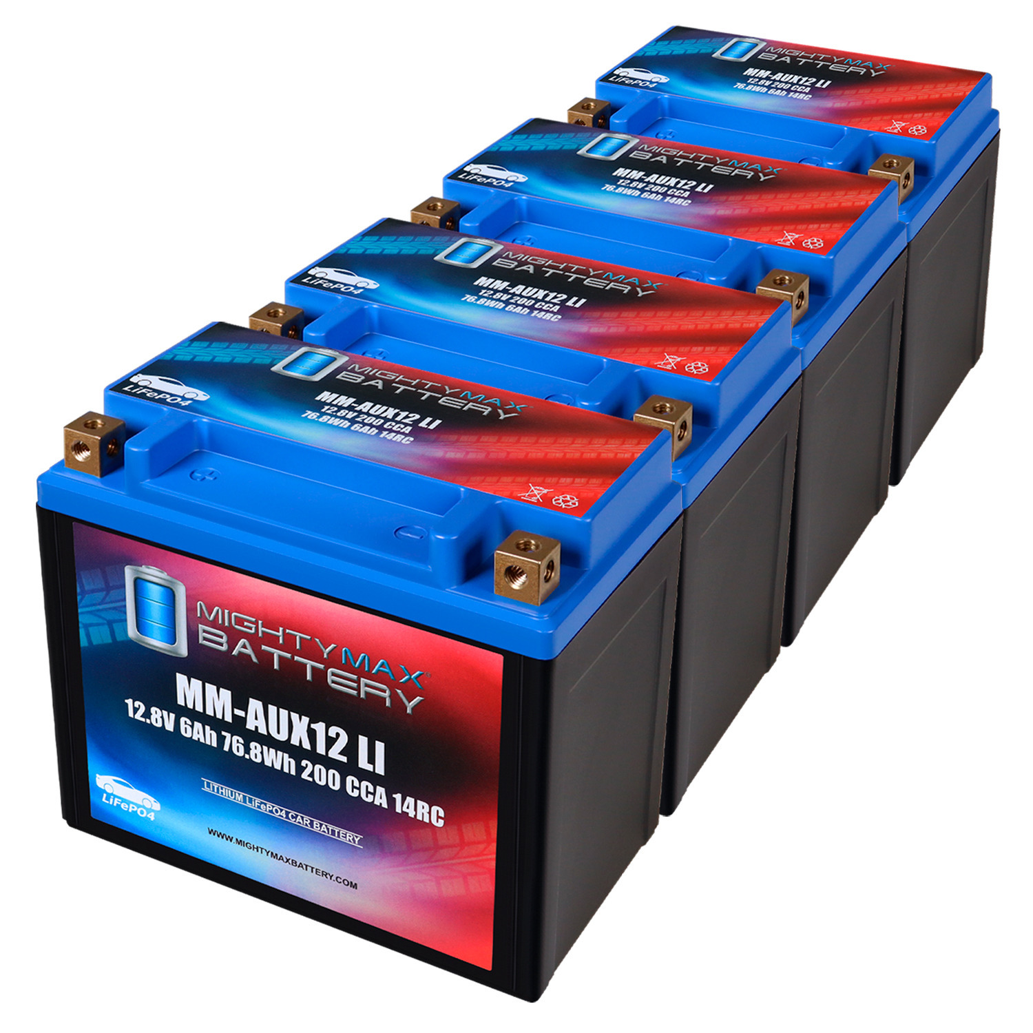 MM-AUX12LI Auxiliary Car Lithium Battery LiFePO4 12.8V 6Ah 200 CCA 14RC Lightweight, Rechargeable, Built-in BMS Protection, Long Cycle Life - Pack of 4