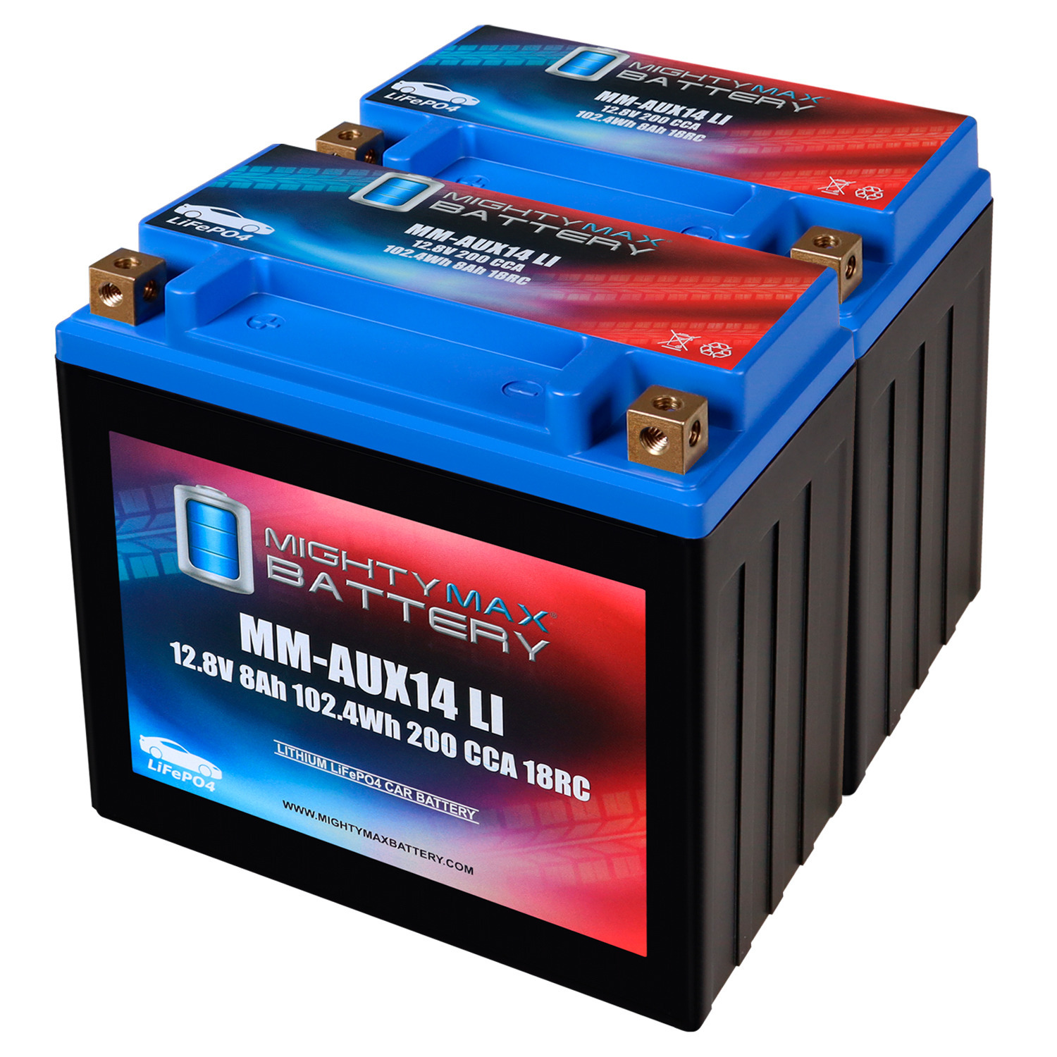 MM-AUX14LI Auxiliary Car Lithium Battery LiFePO4 12.8V 8Ah 200 CCA 18RC Lightweight, Rechargeable, Built-in BMS Protection, Long Cycle Life - Pack of 2