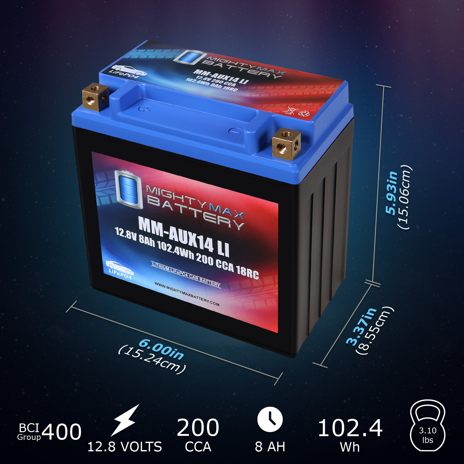 MM-AUX14LI Auxiliary Car Lithium Battery LiFePO4 12.8V 8Ah 200 CCA 18RC Lightweight, Rechargeable, Built-in BMS Protection, Long Cycle Life - Pack of 2