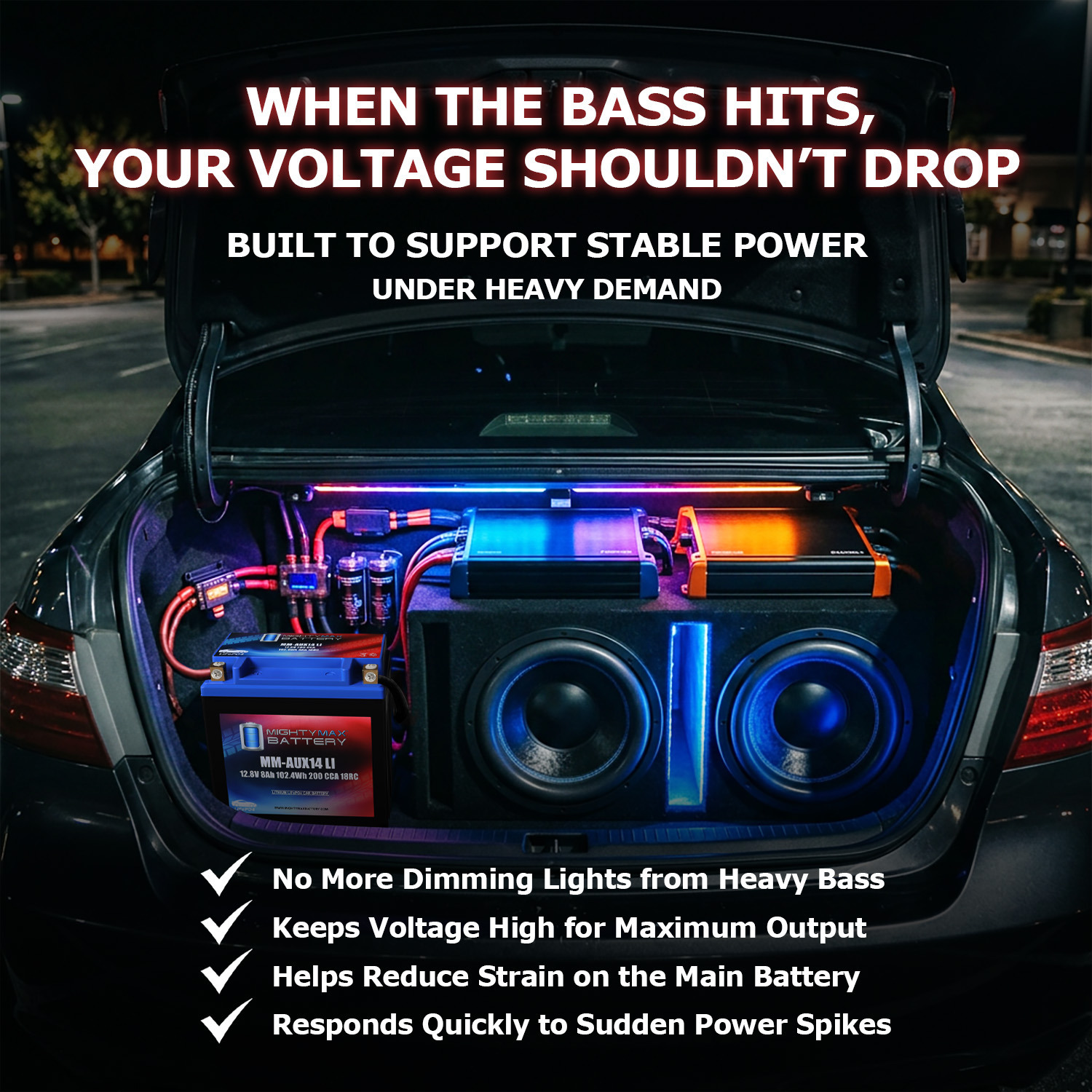 MM-AUX14LI Auxiliary Car Lithium Battery LiFePO4 12.8V 8Ah 200 CCA 18RC Lightweight, Rechargeable, Built-in BMS Protection, Long Cycle Life - Pack of 2