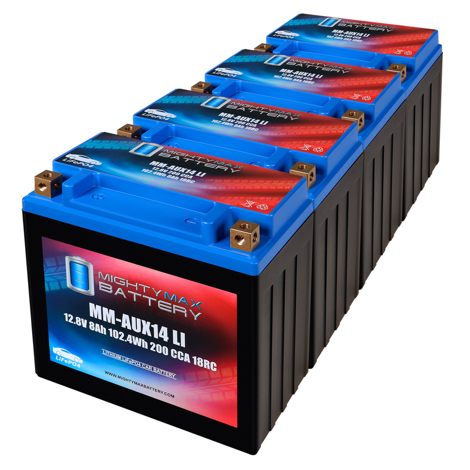 MM-AUX14LI Auxiliary Car Lithium Battery LiFePO4 12.8V 8Ah 200 CCA 18RC Lightweight, Rechargeable, Built-in BMS Protection, Long Cycle Life - Pack of 4