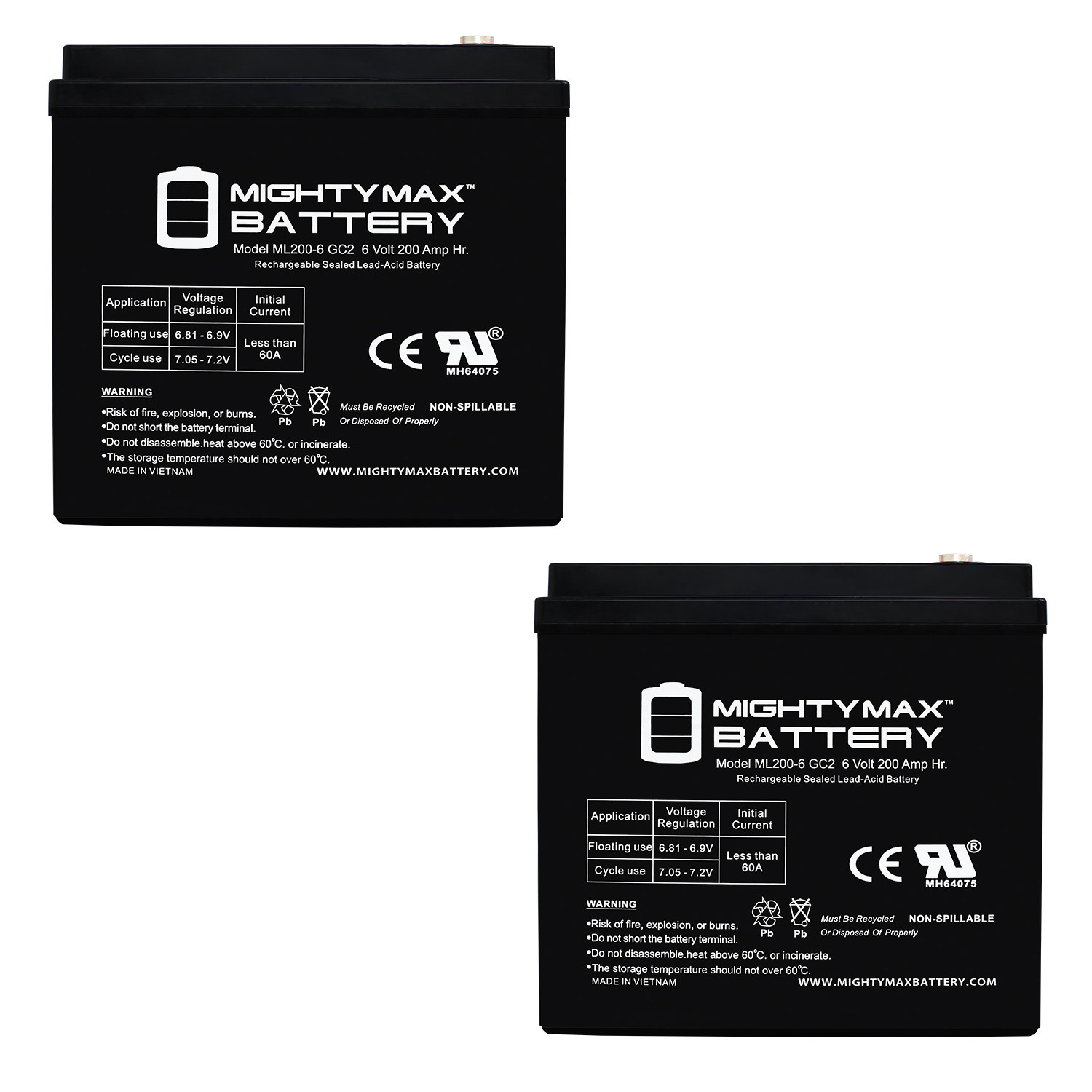 ML200-6GC2 - 6 Volt 200 AH, Internal Thread (INT) Terminal, Rechargeable SLA AGM Battery for Golf Cart - Pack of 2