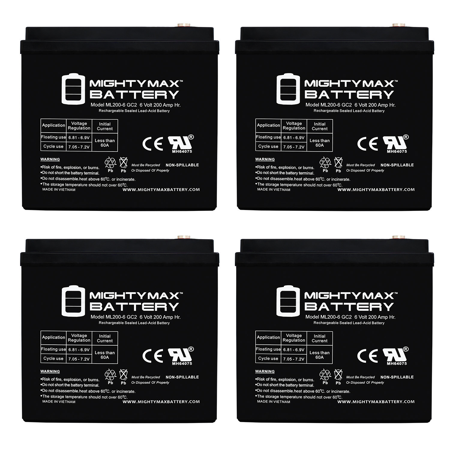 ML200-6GC2 - 6 Volt 200 AH, Internal Thread (INT) Terminal, Rechargeable SLA AGM Battery for Golf Cart - Pack of 4